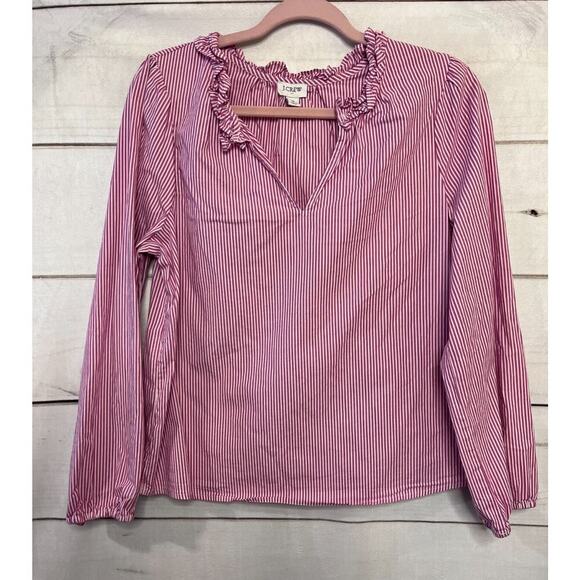J. Crew Size Med Top Pink White Stripes Ruffle Collar - Picture 1 of 5